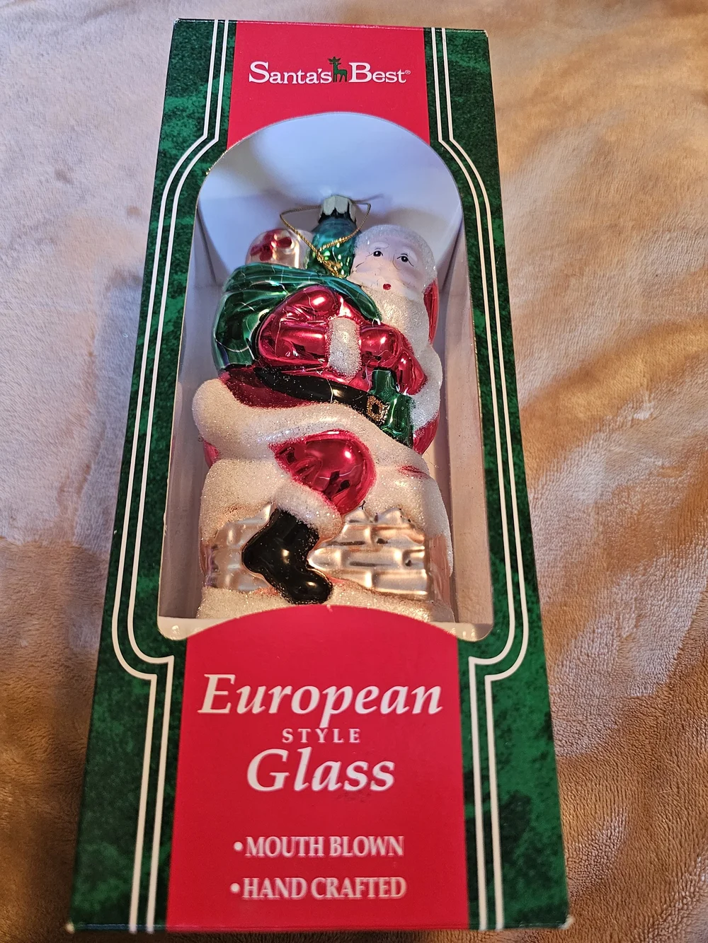 Glittering Santa Ornament in Red, Green & White - Holiday Tree Accent